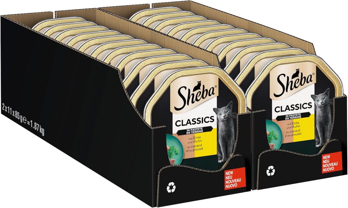 Sheba Classics in Pastete – Katzenfutter als Pasteten mit feinen Stückchen – Ente und Huhn – Getreidefrei – 22 x 85g