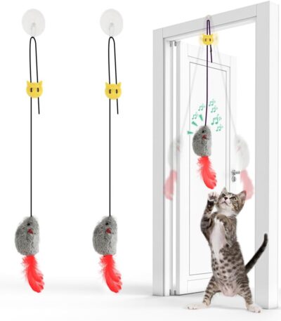 FYNIGO 2 Stück Katzenspielzeug Selbstbeschäftigung Hängende Türrahmen Elastische Maus mit Quietschgeräusch, Keine Batterien erforderlich, interaktives Katzenspielzeug Maus mit Federschwanz