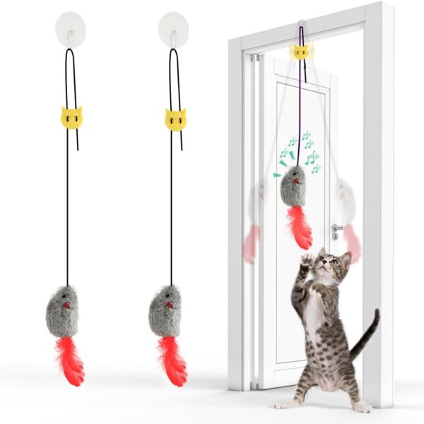 FYNIGO 2 Stück Katzenspielzeug Selbstbeschäftigung Hängende Türrahmen Elastische Maus mit Quietschgeräusch, Keine Batterien erforderlich, interaktives Katzenspielzeug Maus mit Federschwanz