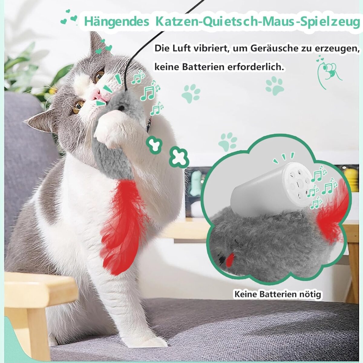 FYNIGO 2 Stück Katzenspielzeug Selbstbeschäftigung Hängende Türrahmen Elastische Maus mit Quietschgeräusch, Keine Batterien erforderlich, interaktives Katzenspielzeug Maus mit Federschwanz