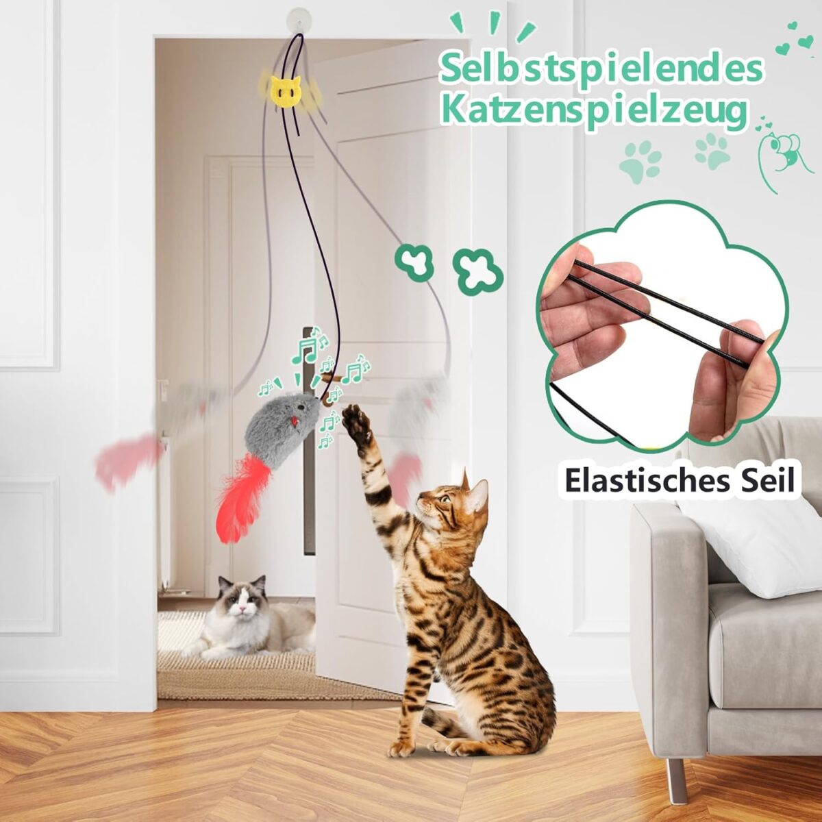 FYNIGO 2 Stück Katzenspielzeug Selbstbeschäftigung Hängende Türrahmen Elastische Maus mit Quietschgeräusch, Keine Batterien erforderlich, interaktives Katzenspielzeug Maus mit Federschwanz