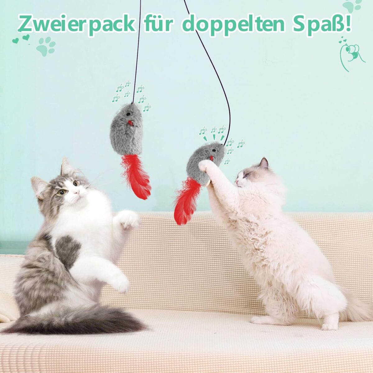 FYNIGO 2 Stück Katzenspielzeug Selbstbeschäftigung Hängende Türrahmen Elastische Maus mit Quietschgeräusch, Keine Batterien erforderlich, interaktives Katzenspielzeug Maus mit Federschwanz