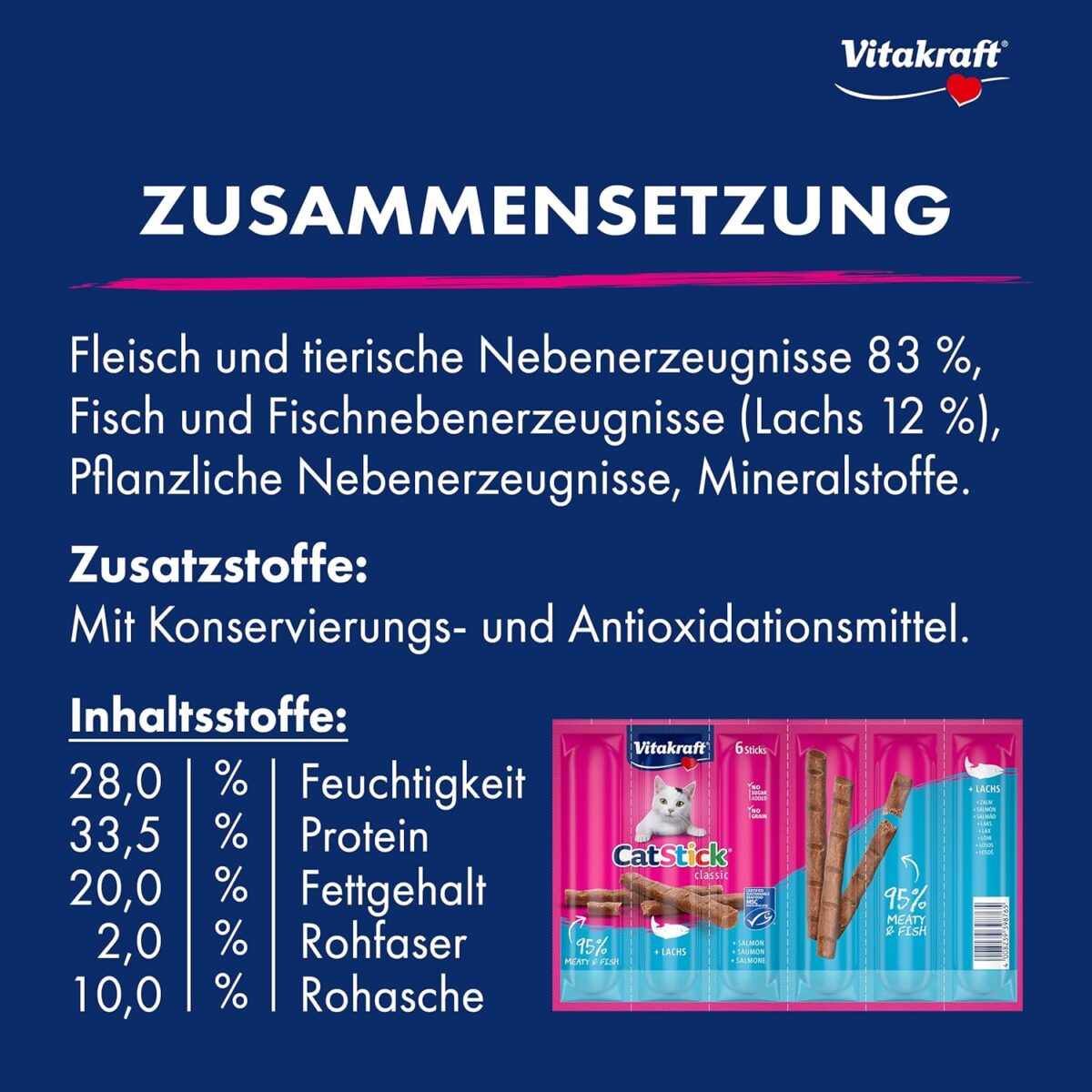 Vitakraft Cat Stick Classic, Katzensnack, fleischige Mini-Sticks, mit Lachs, in Vorratsgröße, ohne Zusatz von Zucker und Getreide (10x 36g)
