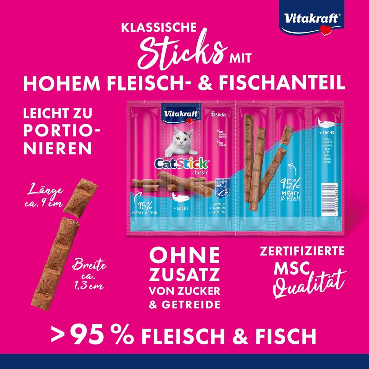 Vitakraft Cat Stick Classic, Katzensnack, fleischige Mini-Sticks, mit Lachs, in Vorratsgröße, ohne Zusatz von Zucker und Getreide (10x 36g)