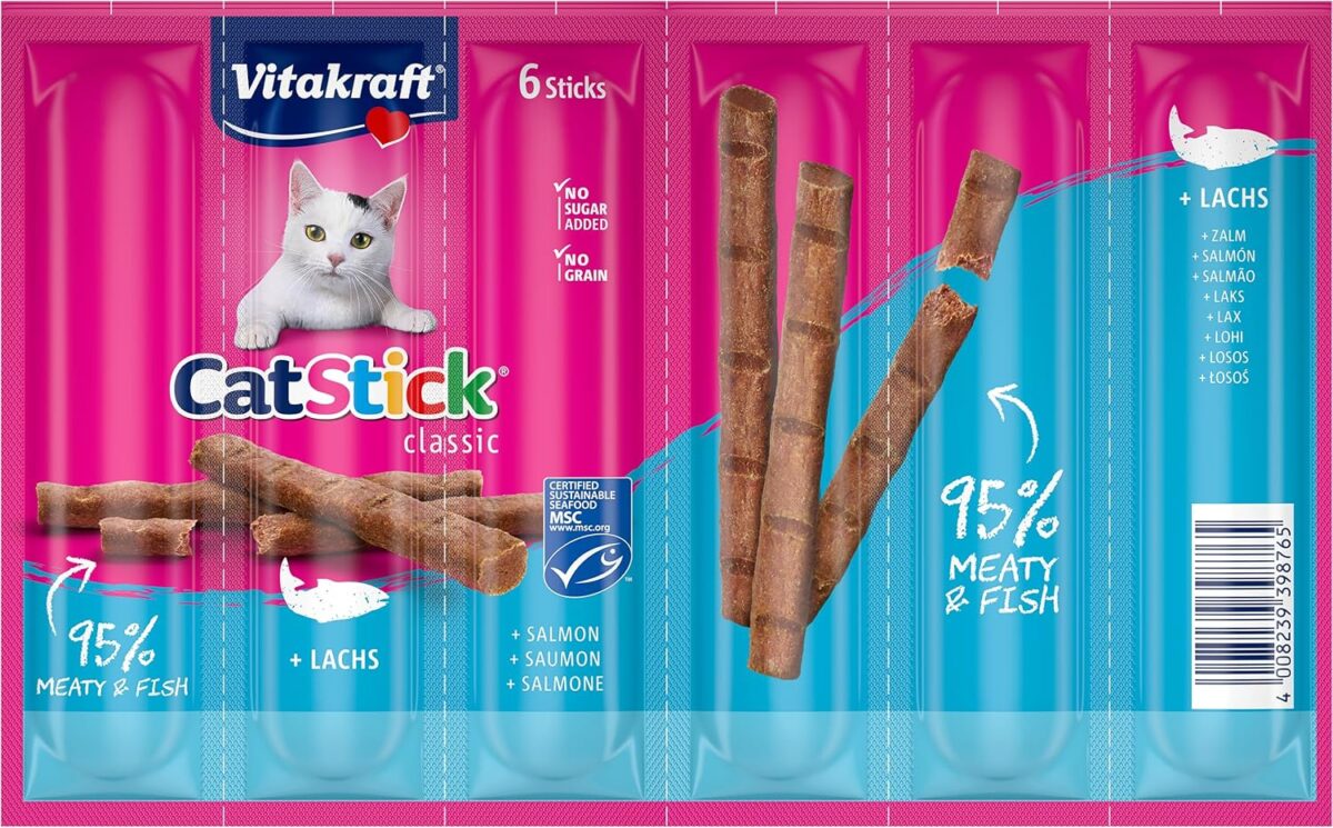 Vitakraft Cat Stick Classic, Katzensnack, fleischige Mini-Sticks, mit Lachs, in Vorratsgröße, ohne Zusatz von Zucker und Getreide (10x 36g)