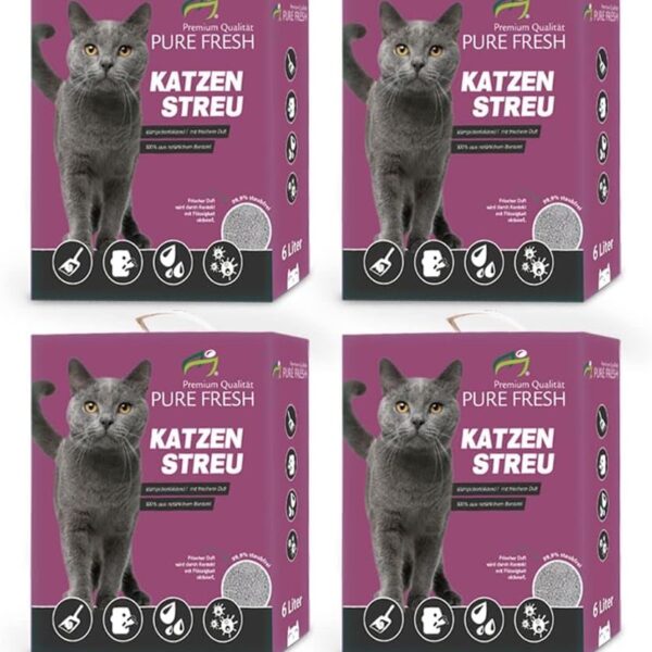KAHU Pure Fresh Katzenstreu mit Babypuderduft • Klumpstreu • Naturmaterial weisses Kalzium-Bentonit • 4er Pack • 6l (5,2kg) pro Packung = 24l (20,8kg)