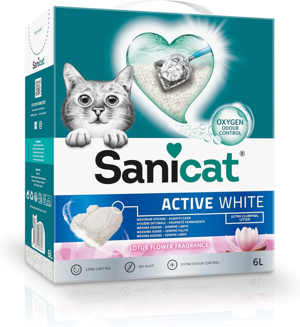 Sanicat Klumpstreu Active White mit Lotusblumenduft Hergestellt aus natürlichen Mineralien mit garantierter Geruchsbindung Absorbiert die Feuchtigkeit und