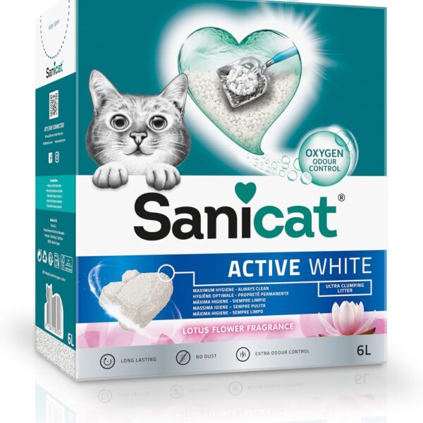Sanicat Klumpstreu Active White mit Lotusblumenduft Hergestellt aus natürlichen Mineralien mit garantierter Geruchsbindung Absorbiert die Feuchtigkeit und