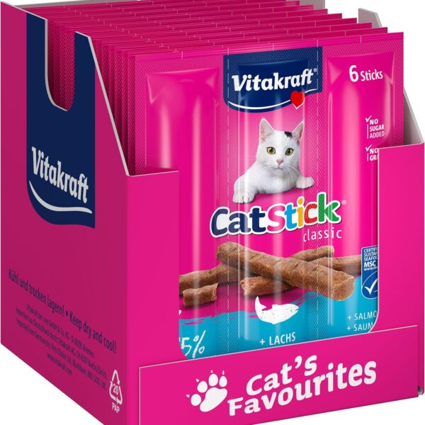Vitakraft Cat Stick Classic, Katzensnack, fleischige Mini-Sticks, mit Lachs, in Vorratsgröße, ohne Zusatz von Zucker und Getreide (10x 36g)