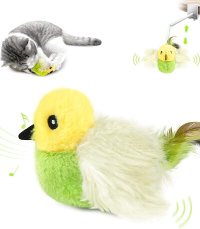 Migipaws Katten Speelgoed, Elektrisch Interactief Katten Speelgoed, Echte Vleugels en Tjilpend Als een Vogel, Pluchen Speelgoed met Kattenkruid, Oplaadbaar (Groen)