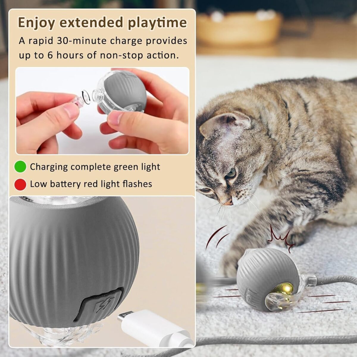 JIASHA Interaktives Katzenspielzeug Katzenball,Katzenspielzeug Elektrisch Katzenball,Katzenball Elektrisch,Interaktives Katzenball Spielzeug,mit LED Licht,mit Seil, USB Wiederaufladbarer (B)