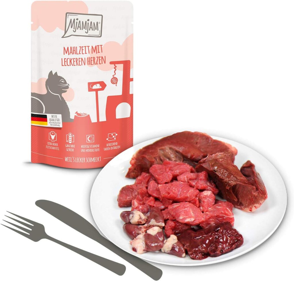 MjAMjAM - Premium vådfoder til katte - blandingspakke I - kylling, oksekød, hjerter, pakke med 12 x 125 g), kornfri med ekstra meget kød