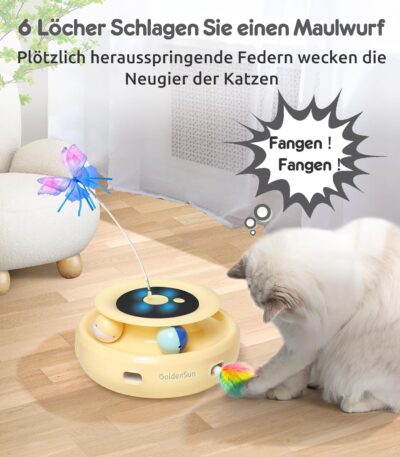GoldenSun Interaktivt kattelegetøj, 3 i 1 elektrisk automatisk legetøj til katte, whack-A-Mole, Fluttering Butterfly, inklusive bold, USB-genopladelige katteteasere med 6 vedhæftede filer