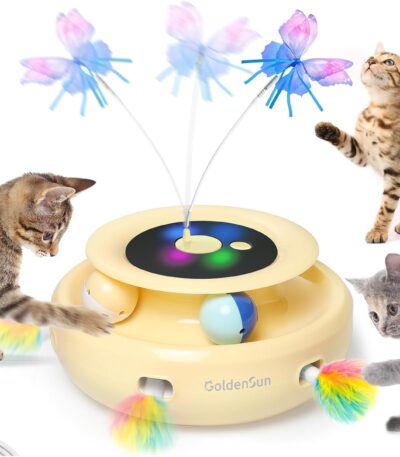 GoldenSun Interaktivt kattelegetøj, 3 i 1 elektrisk automatisk legetøj til katte, whack-A-Mole, Fluttering Butterfly, inklusive bold, USB-genopladelige katteteasere med 6 vedhæftede filer