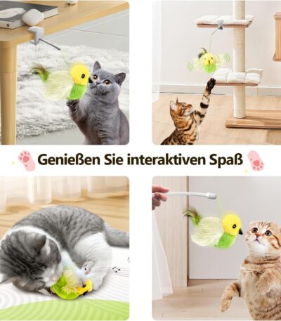 Migipaws Katten Speelgoed, Elektrisch Interactief Katten Speelgoed, Echte Vleugels en Tjilpend Als een Vogel, Pluchen Speelgoed met Kattenkruid, Oplaadbaar (Groen)