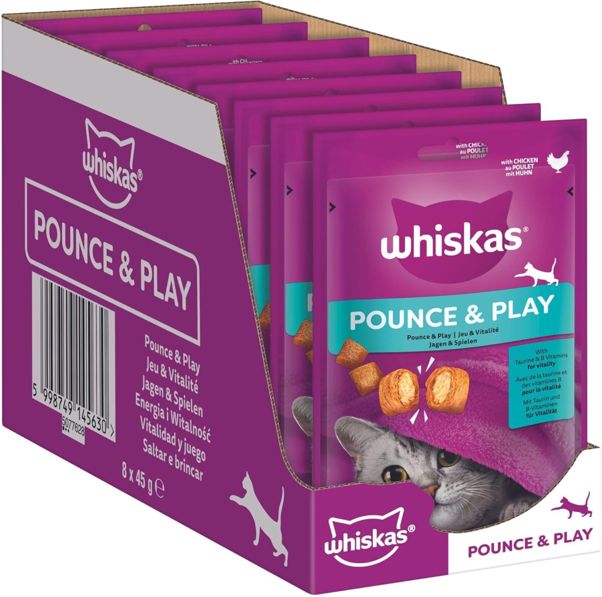 Whiskas Pounce & Play kattesnacks i portionspose til voksne katte med kylling 8x45 g