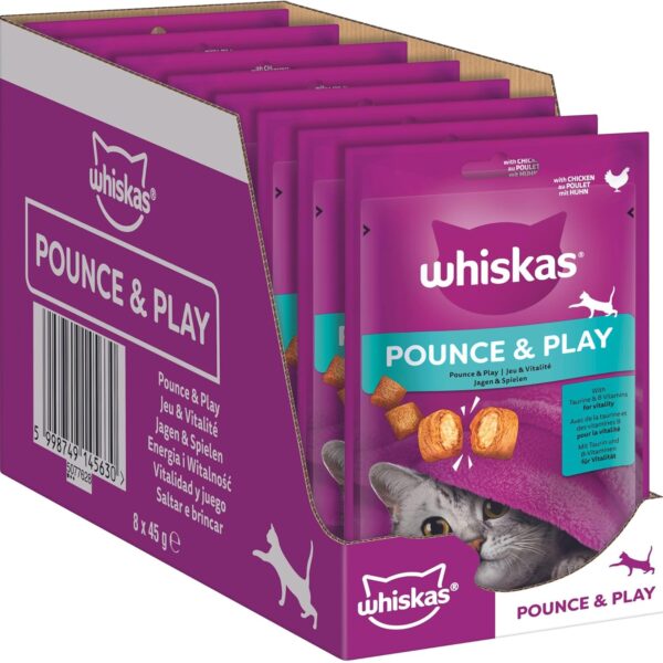 Whiskas Pounce & Play kattesnacks i portionspose til voksne katte med kylling 8x45 g