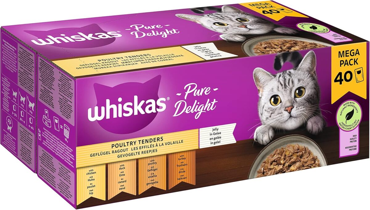Whiskas 1 natvoer voor katten, ragout, gevogelteselectie in gelei, 40 x 85 g (1 verpakking) - Hoogwaardig natvoer voor volwassen katten in zakken van 40 porties