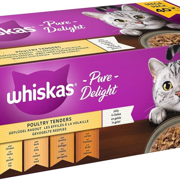 Whiskas 1 natvoer voor katten, ragout, gevogelteselectie in gelei, 40 x 85 g (1 verpakking) - Hoogwaardig natvoer voor volwassen katten in zakken van 40 porties